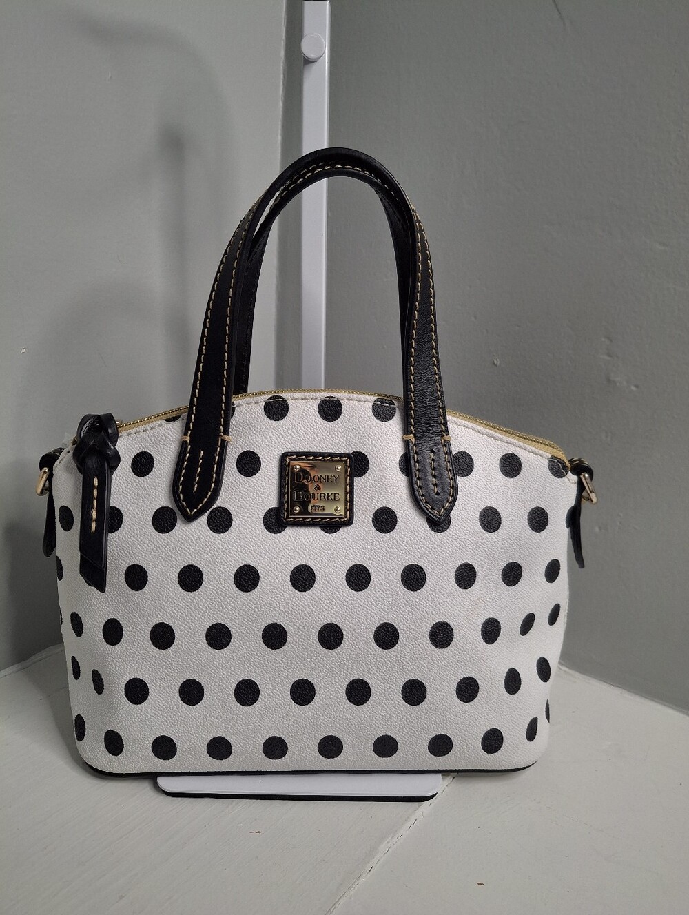 Dooney & Bourke Black White Polka Dot Satchel Handbag + Leather Wallet - Picture 2 of 8